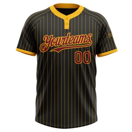 Personalized Unisex Softball Jersey Black Gold Pinstripe Crimson Two-Button Design Personalized Black Gold Pinstripe Crimson