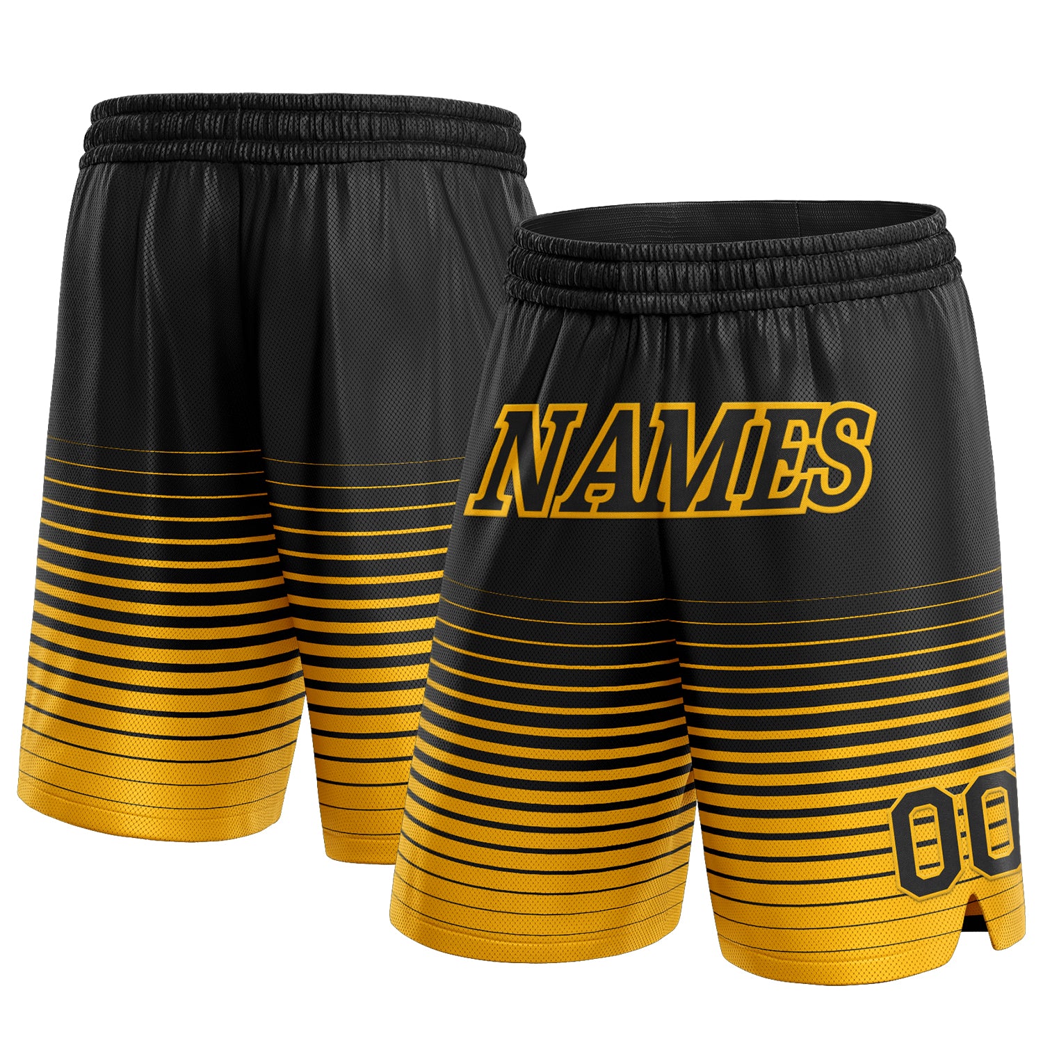 Custom Team Basketball Shorts with Personalized Name and Number - Black Gold Pinstripe Fade Fashion Authentic Personalized