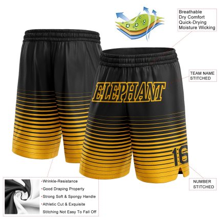 Custom Team Basketball Shorts with Personalized Name and Number - Black Gold Pinstripe Fade Fashion Authentic Personalized