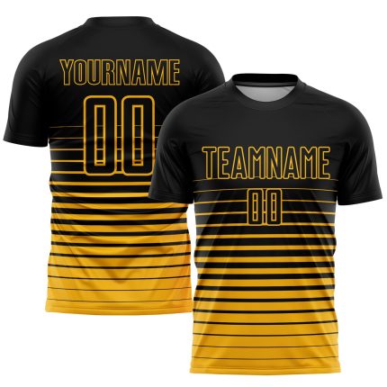 Personalized Soccer Jersey in Black Gold Pinstripe Fade Fashion Sublimation Personalized Black Gold Pinstripe Fade Fashion