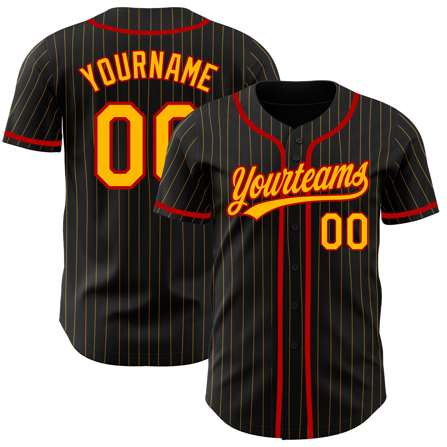 Personalized Authentic Baseball Jersey Black Gold Pinstripe with Gold-Red Accents Personalized Black Gold Pinstripe Gold-Red