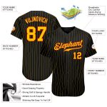 Personalized Black and Gold Pinstripe Baseball Jersey with Red Accents Personalized Black Gold Pinstripe Gold-Red Baseball
