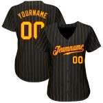 Personalized Black and Gold Pinstripe Baseball Jersey with Red Accents Personalized Black Gold Pinstripe Gold-Red Baseball
