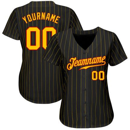 Personalized Black and Gold Pinstripe Baseball Jersey with Red Accents Personalized Black Gold Pinstripe Gold-Red Baseball