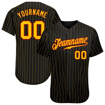 Personalized Black and Gold Pinstripe Baseball Jersey with Red Accents Personalized Black Gold Pinstripe Gold-Red Baseball