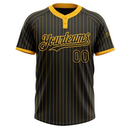 Personalized Black Gold Pinstripe Jersey for Softball, Unisex Two-Button Design Personalized Black Gold Pinstripe Gold Two-Button