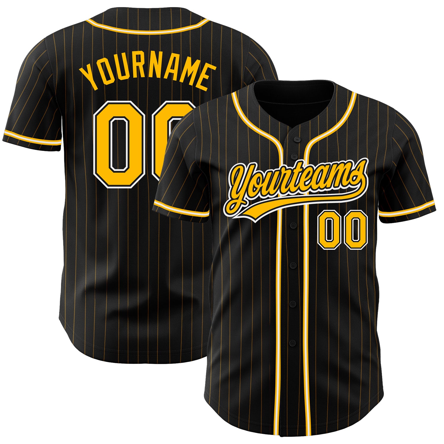 Personalized Black Gold Pinstripe Baseball Jersey - Authentic Gold and White Design Personalized Black Gold Pinstripe Gold-White