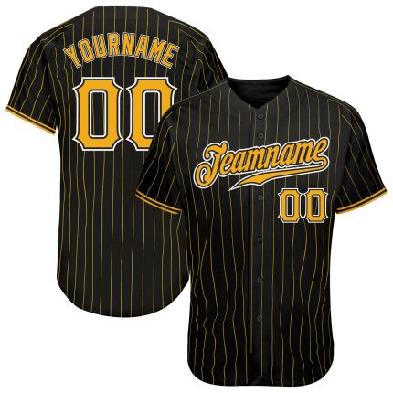 Personalized Black Gold Pinstripe Baseball Jersey - Custom Gold-White Design Personalized Black Gold Pinstripe Gold-White