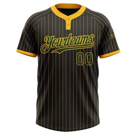 Personalized Unisex Black Gold Pinstripe Softball Jersey - Green Two-Button Design Personalized Black Gold Pinstripe Green
