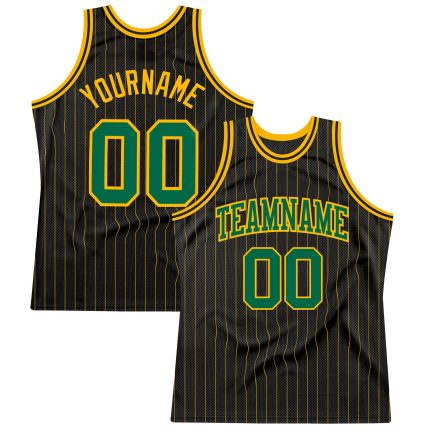 Custom Name and Number Authentic Basketball Jersey - Personalized Black Gold Pinstripe Kelly Green Gold Personalized Black