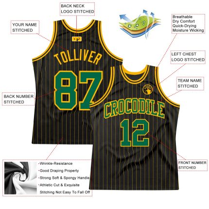 Personalized Black Gold Pinstripe Basketball Jersey in Kelly Green and Gold Personalized Black Gold Pinstripe Kelly Green-Gold