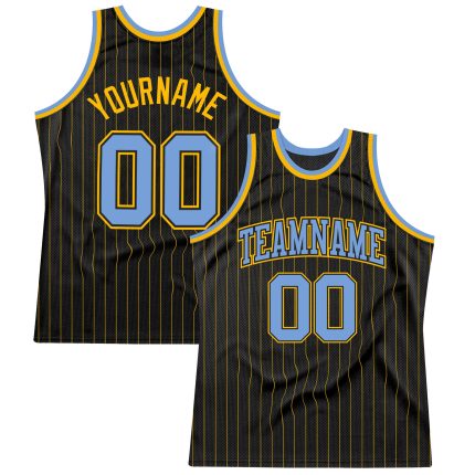 Custom Black Gold Pinstripe Basketball Jersey with Light Blue and Gold, Personalized Team Name and Number, Authentic Design