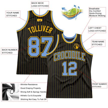 Personalized Black Gold Pinstripe Basketball Jersey - Light Blue Gold Design Personalized Black Gold Pinstripe Light Blue-Gold