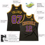 Customizable Black and Gold Pinstripe Basketball Jersey with Purple Details - Personalized Team Name and Number Personalized