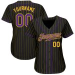 Custom Black Gold Pinstripe Purple Gold Baseball Jersey for Kids and Adults Personalized Black Gold Pinstripe Purple-Gold