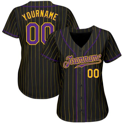 Custom Black Gold Pinstripe Purple Gold Baseball Jersey for Kids and Adults Personalized Black Gold Pinstripe Purple-Gold