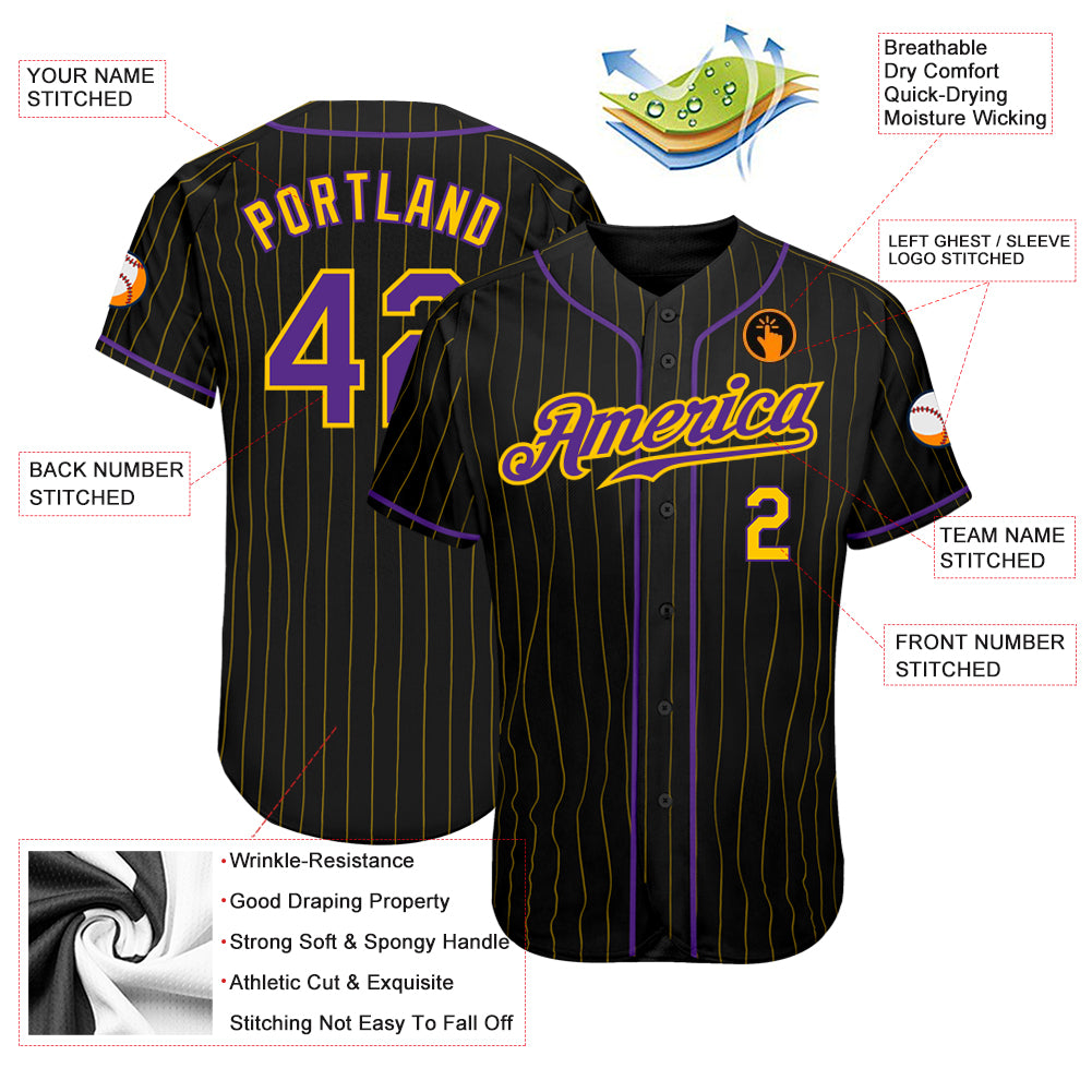 Personalized Black Gold Pinstripe Purple-Gold Baseball Jersey Custom Black Gold Pinstripe Purple Gold Baseball Jersey for Kids and Adults Personalized Black Gold Pinstripe Purple-Gold - Image 3