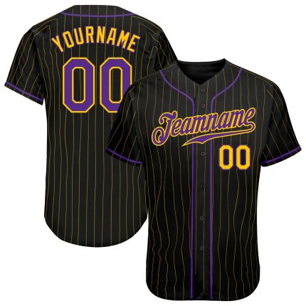 Custom Black Gold Pinstripe Purple Gold Baseball Jersey for Kids and Adults Personalized Black Gold Pinstripe Purple-Gold
