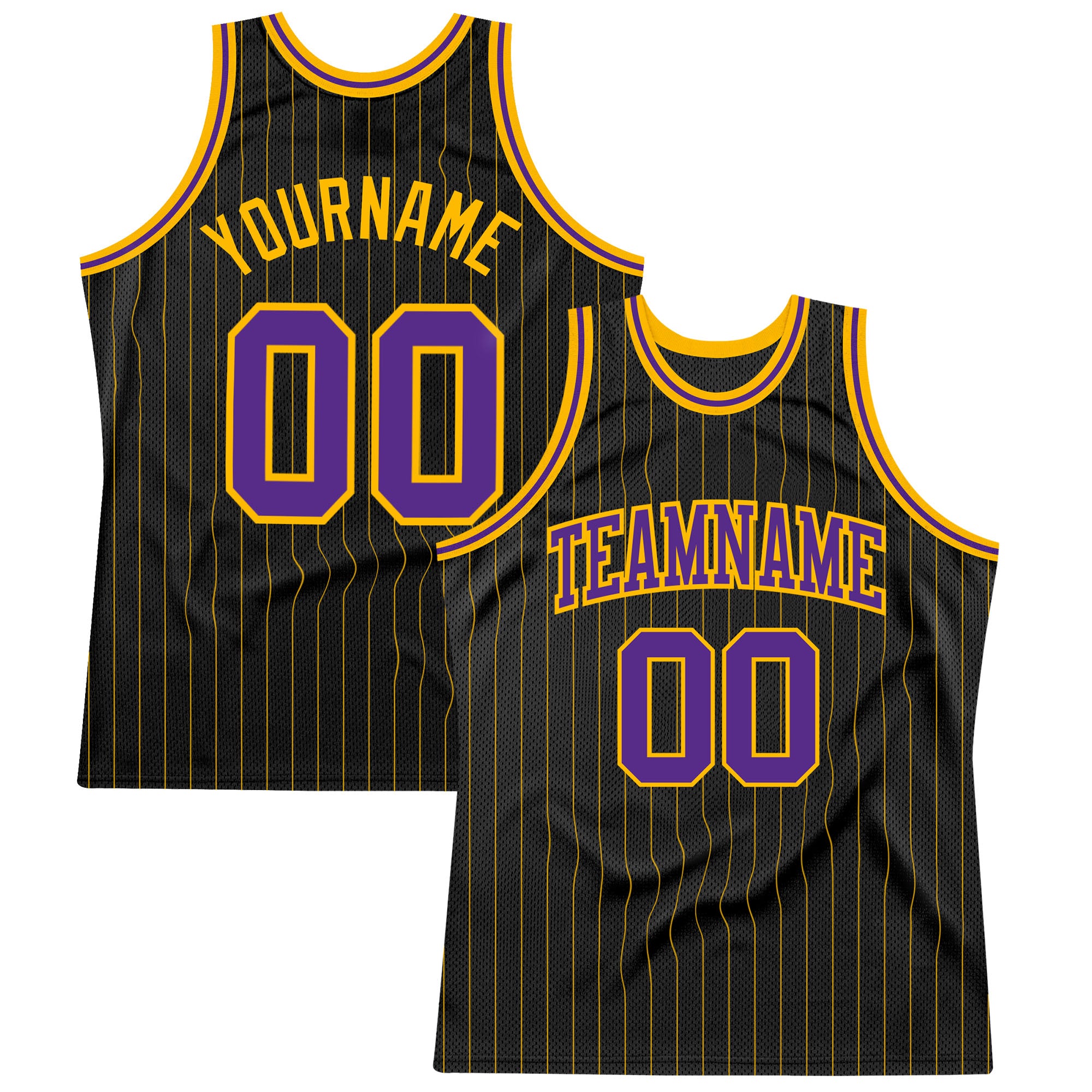 Personalized Black and Gold Basketball Jersey with Pinstripe Design in Purple-Gold Personalized Black Gold Pinstripe Purple-Gold