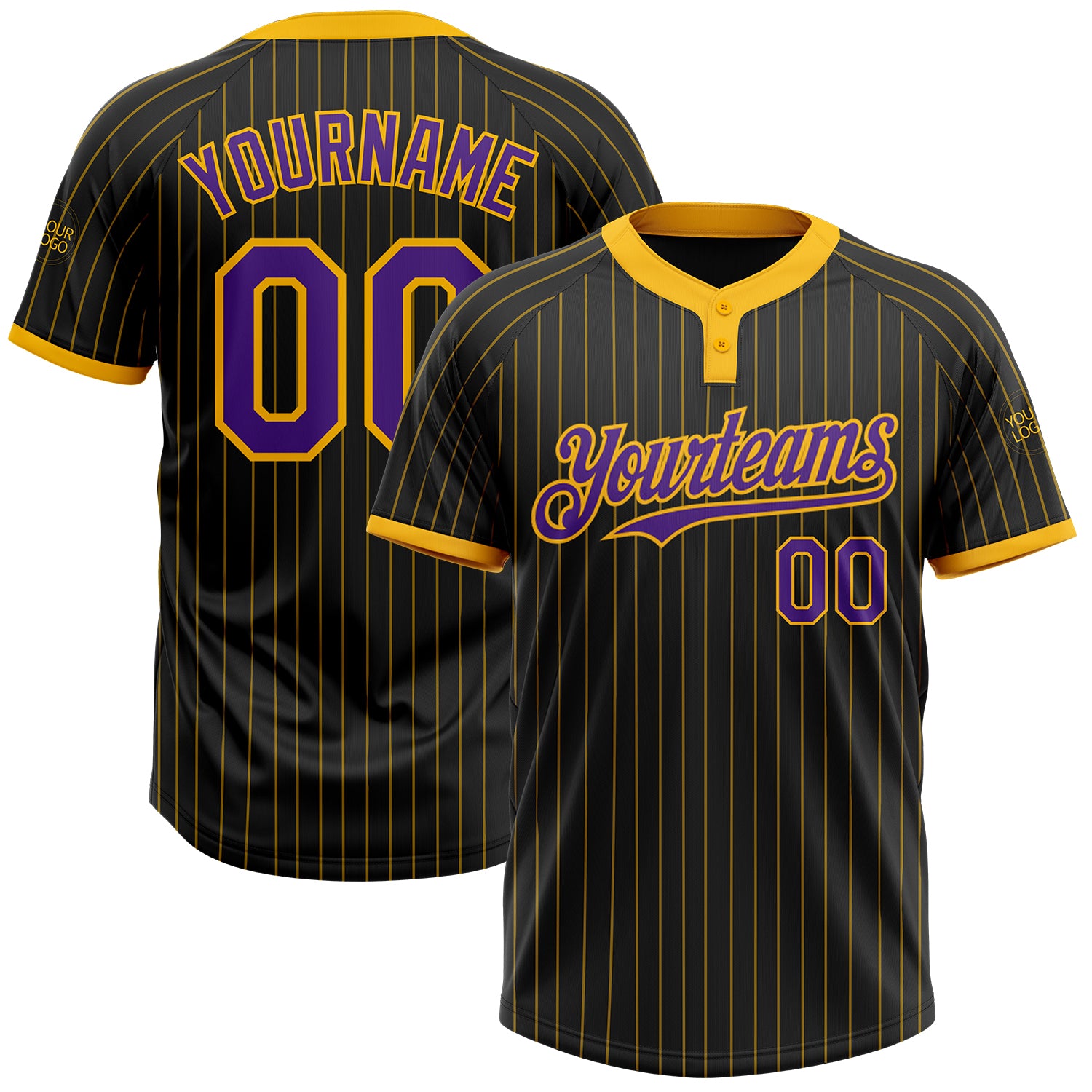 Custom Name and Number Unisex Softball Jersey Black Gold Pinstripe Purple Two-Button Design Personalized Black Gold Pinstripe