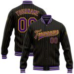 Personalized Black Gold Pinstripe Varsity Letterman Jacket Purple White Full-Snap Bomber Personalized Black Gold Pinstripe