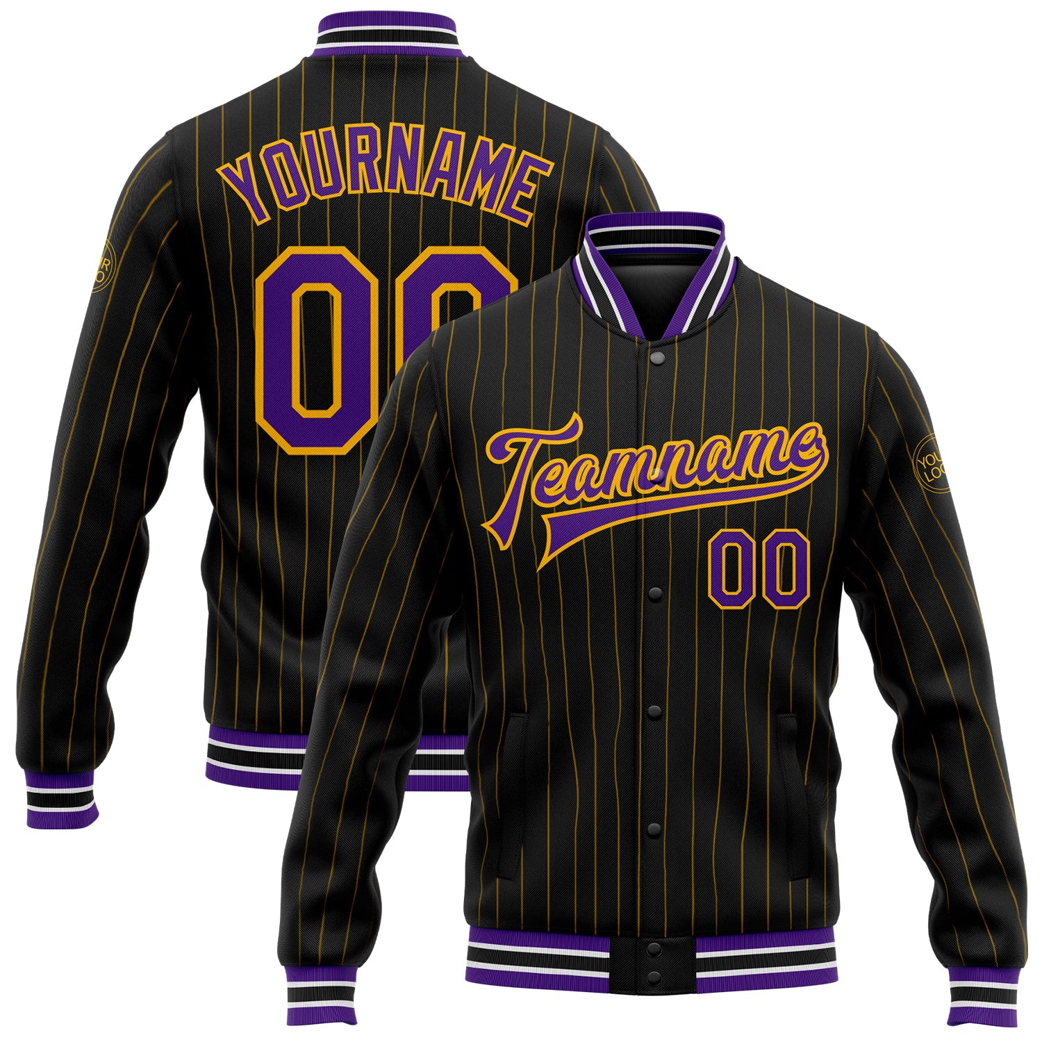Personalized Black Gold Pinstripe Varsity Letterman Jacket Purple White Full-Snap Bomber Personalized Black Gold Pinstripe