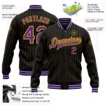Personalized Black Gold Pinstripe Varsity Letterman Jacket Purple White Full-Snap Bomber Personalized Black Gold Pinstripe