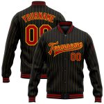 Personalized Red Bomber Varsity Jacket with Black Gold Pinstripes - Full-Snap Letterman Style Personalized Black Gold Pinstripe