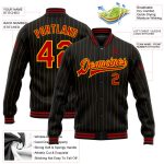 Personalized Red Bomber Varsity Jacket with Black Gold Pinstripes - Full-Snap Letterman Style Personalized Black Gold Pinstripe