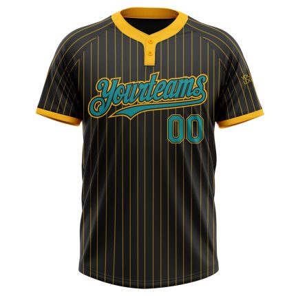 Personalized Teal Two-Button Unisex Softball Jersey with Black Gold Pinstripe Design Personalized Black Gold Pinstripe Teal
