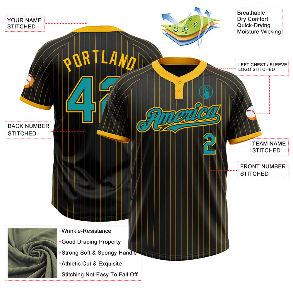 Personalized Black Gold Pinstripe Teal Two-Button Unisex Softball Jersey Team Custom Name and Number Custom Name and Number Black Gold Pinstripe Teal Unisex Softball Jersey - Personalized Two-Button Design Personalized Black - Image 3