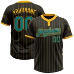 Personalized Teal Two-Button Unisex Softball Jersey with Black Gold Pinstripe Design Personalized Black Gold Pinstripe Teal