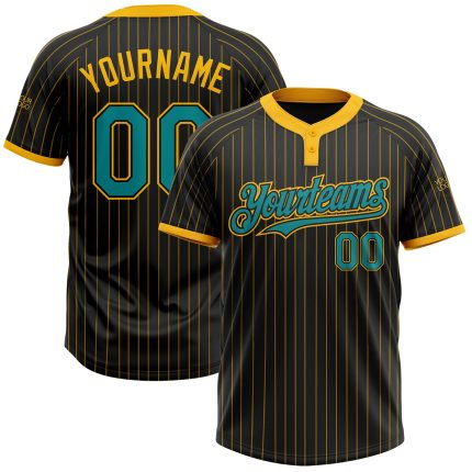 Personalized Teal Two-Button Unisex Softball Jersey with Black Gold Pinstripe Design Personalized Black Gold Pinstripe Teal