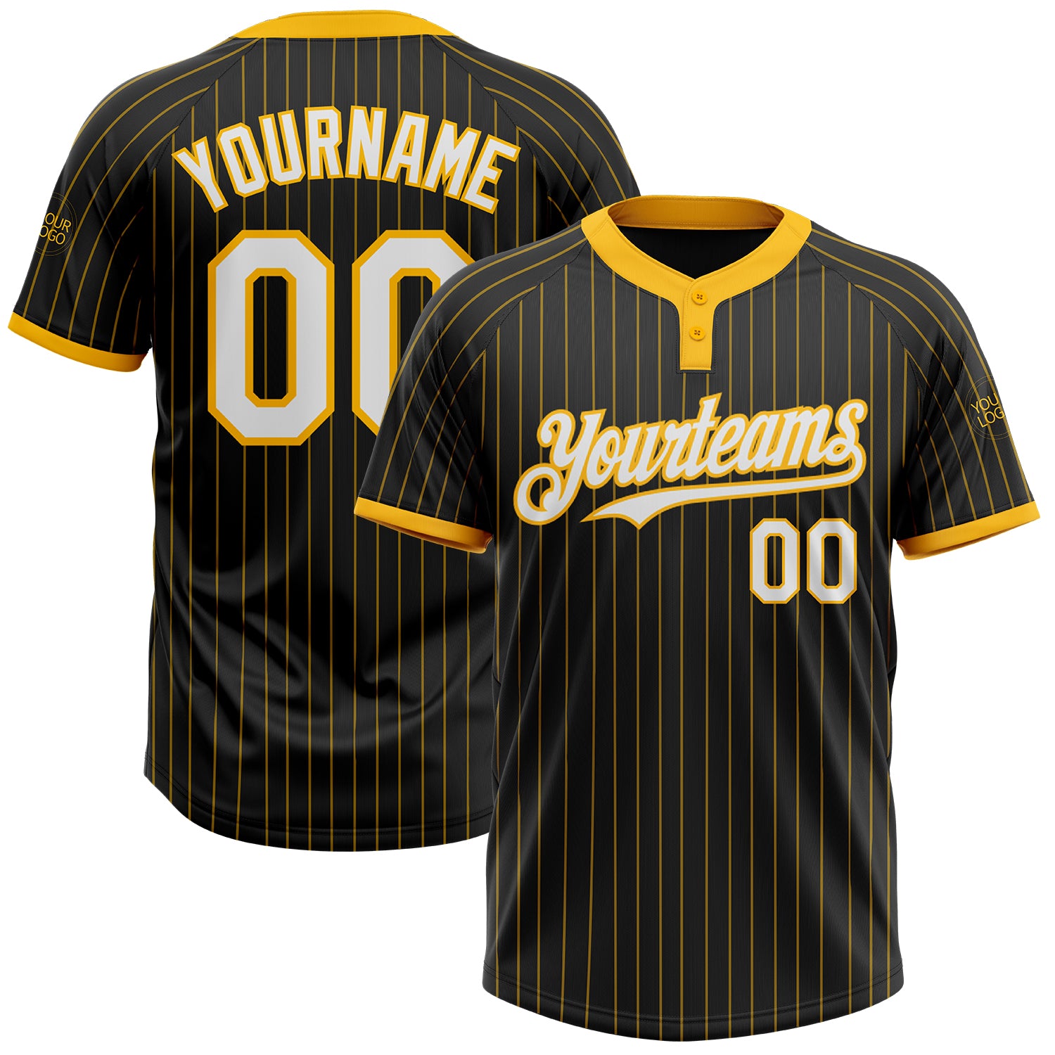 Custom Name and Number Softball Jersey - Personalized Black Gold Pinstripe White-Gold Unisex Two-Button Design Personalized
