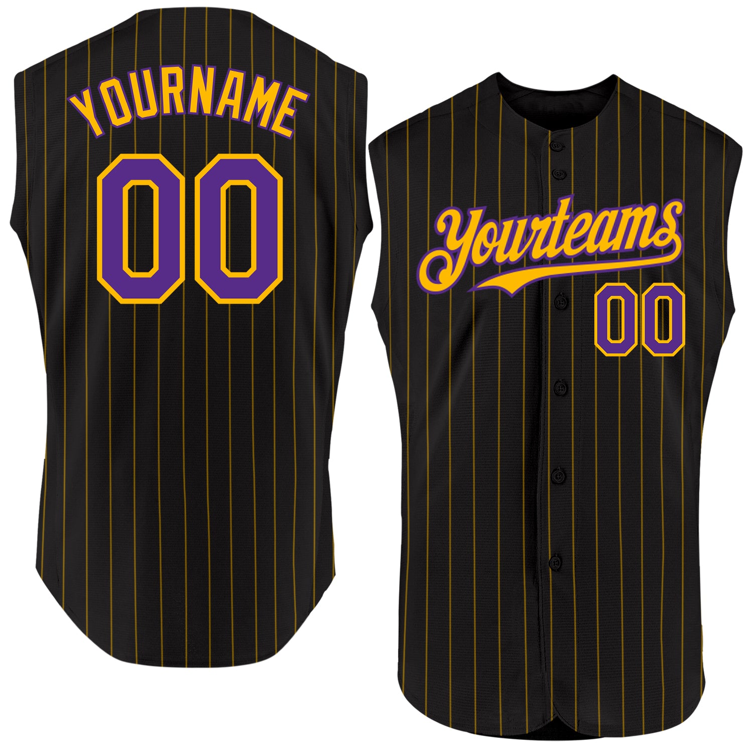Personalized Black Gold Pinstripe Sleeveless Baseball Jersey for Men and Women Personalized Black Gold Pinstripe White Sleeveless
