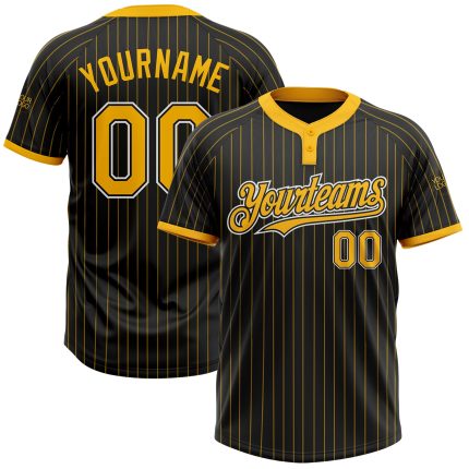 Personalized Unisex Softball Jersey - Black Gold Pinstripe Two-Button Design, Soft Fabric Personalized Black Gold Pinstripe