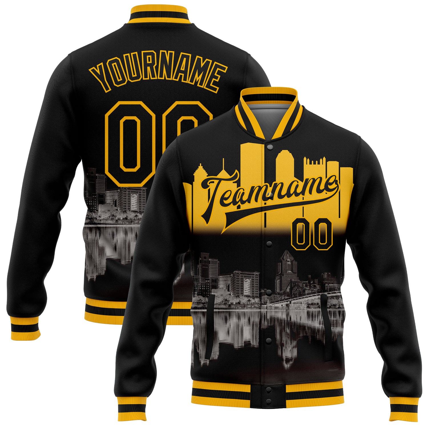 Personalized Pittsburgh Pennsylvania City Edition 3D Black Gold Varsity Letterman Bomber Jacket Full-Snap Personalized Black