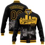 Personalized Pittsburgh Pennsylvania Black Gold 3D Varsity Letterman Jacket with Custom Name and Number - Full-Snap Bomber