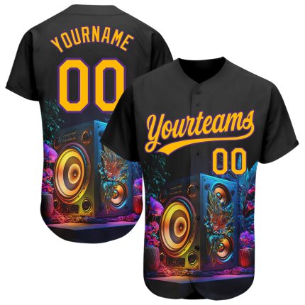 Personalized Music Festival Vintage Speaker Baseball Jersey - Black Gold-Purple 3D Sound System Personalized Black Gold-Purple