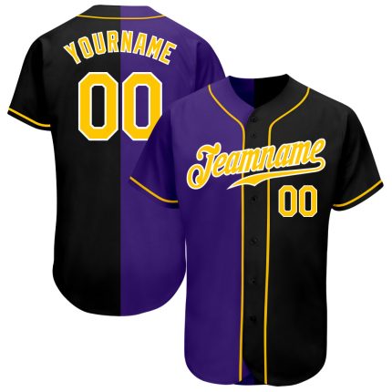 Custom Name and Number Authentic Black Gold-Purple Baseball Jersey - Personalized Split Fashion Team Apparel Personalized