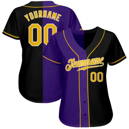 Custom Name and Number Authentic Black Gold-Purple Baseball Jersey - Personalized Split Fashion Team Apparel Personalized