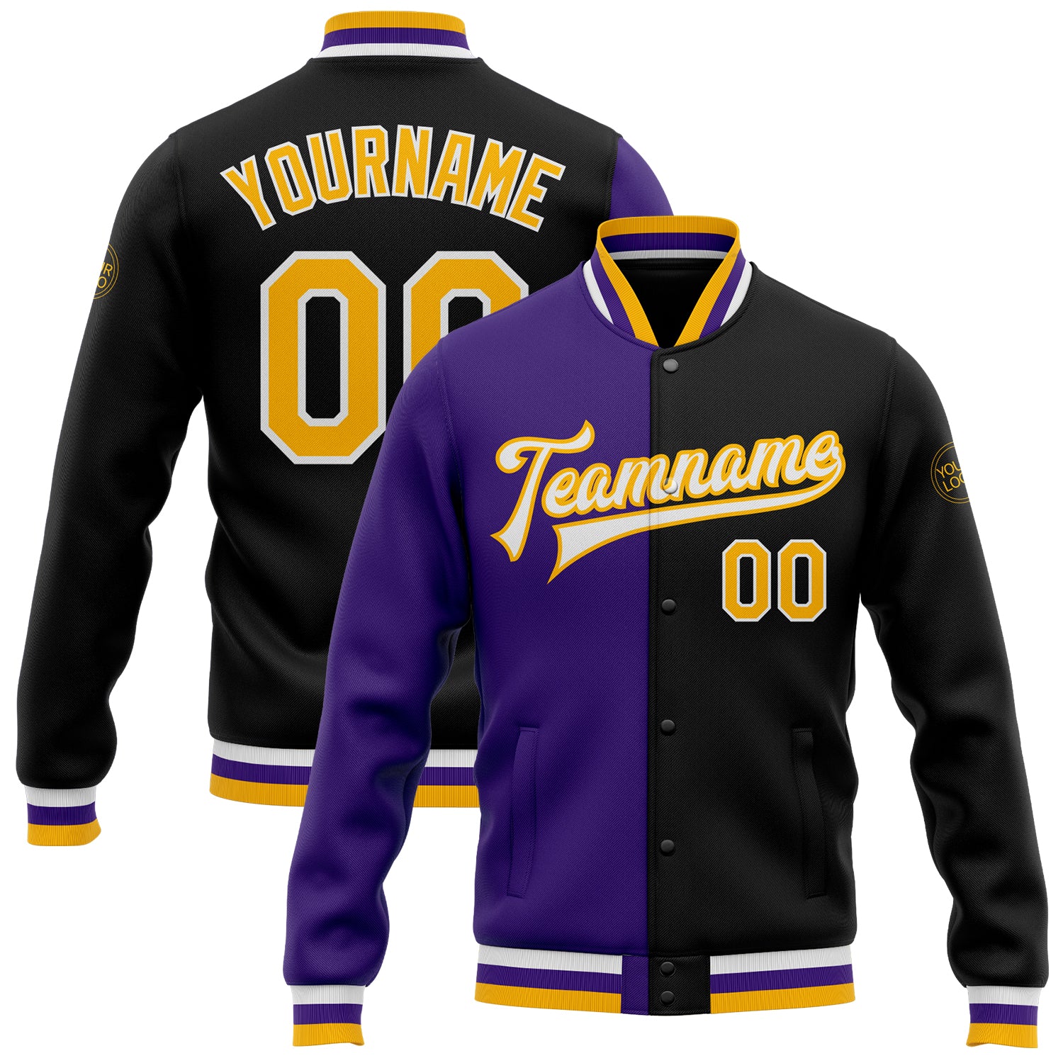 Personalized Black Gold Purple Varsity Letterman Bomber Jacket Full-Snap Fashion Split Design Personalized Black Gold-Purple