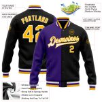 Customizable Black Gold Purple Bomber Varsity Jacket with Letterman Style Full-Snap Design, Team Name and Number Personalized