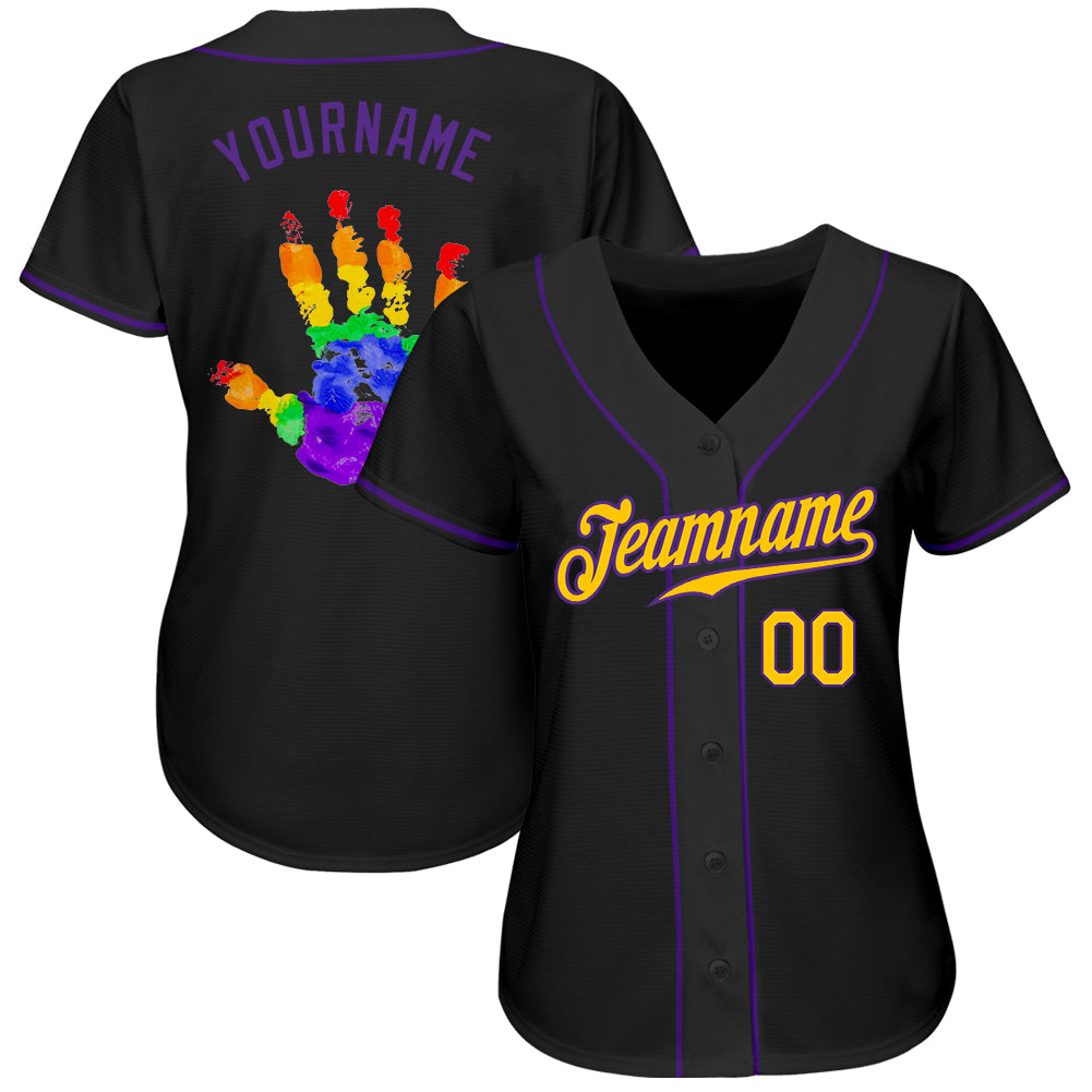 Personalized Black Gold-Purple Rainbow Colored Hand For Pride LGBT Authentic Baseball Jersey Team Custom Name and Number Pride LGBT Personalized Rainbow Baseball Jersey - Black Gold Purple Custom Name & Number Authentic Team Apparel Personalized - Image 3