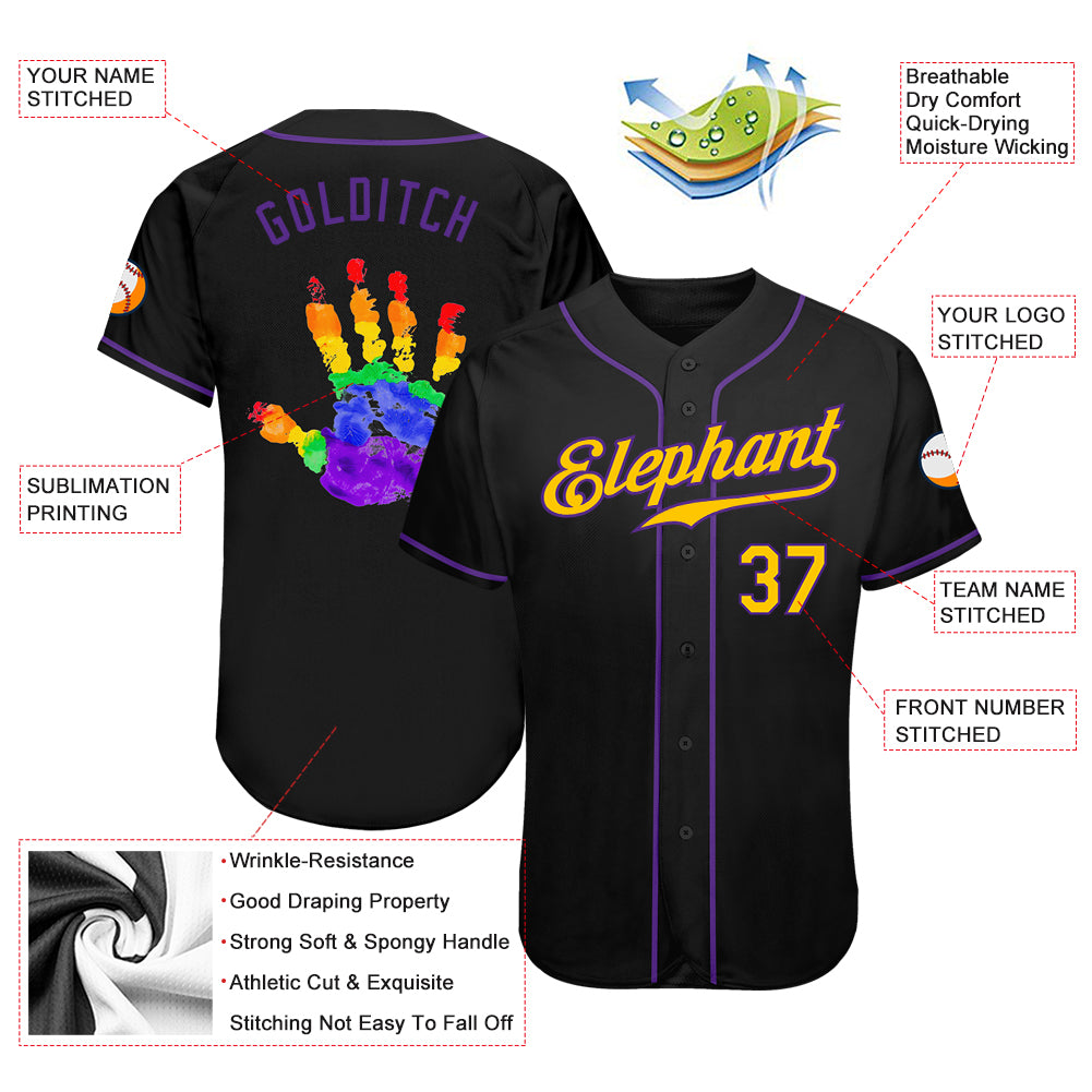 Personalized Black Gold-Purple Rainbow Colored Hand For Pride LGBT Authentic Baseball Jersey Team Custom Name and Number Pride LGBT Personalized Rainbow Baseball Jersey - Black Gold Purple Custom Name & Number Authentic Team Apparel Personalized - Image 4