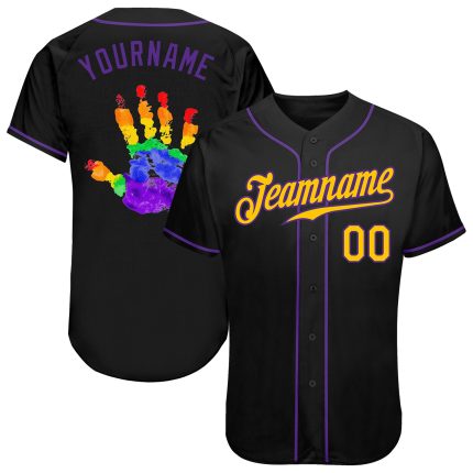 Personalized Pride LGBT Baseball Jersey - Black Gold Purple Rainbow Color Hand Design Personalized Black Gold-Purple Rainbow
