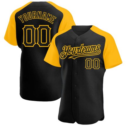 Personalized Black Gold Baseball Jersey with Raglan Sleeves Personalized Black Gold Raglan Sleeves Baseball Jersey