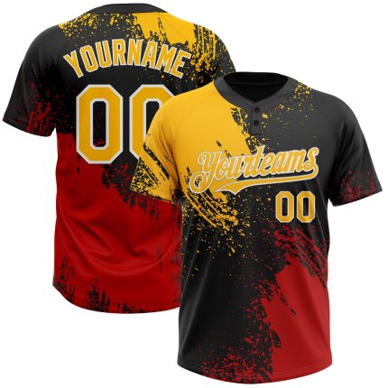 Personalized Unisex Softball Jersey - Black Gold-Red 3D Abstract Brush Stroke, Two-Button Design Personalized Black Gold-Red