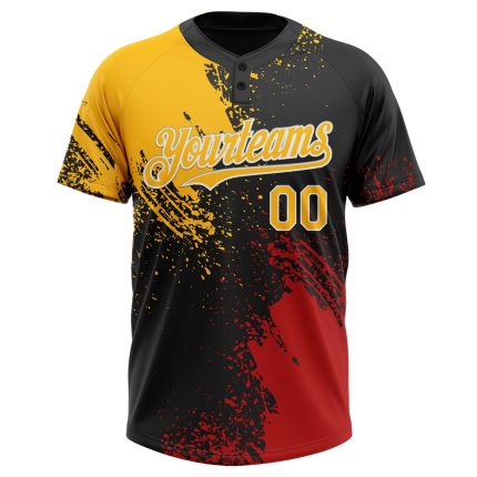 Personalized Unisex Softball Jersey - Black Gold-Red 3D Abstract Brush Stroke, Two-Button Design Personalized Black Gold-Red