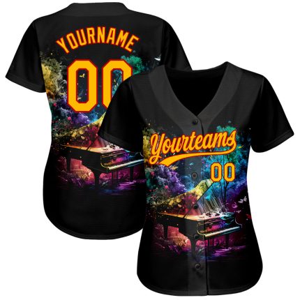 Personalized 3D Music Festival Baseball Jersey in Black Gold-Red with Colorful Smoke Design Personalized Black Gold-Red 3D
